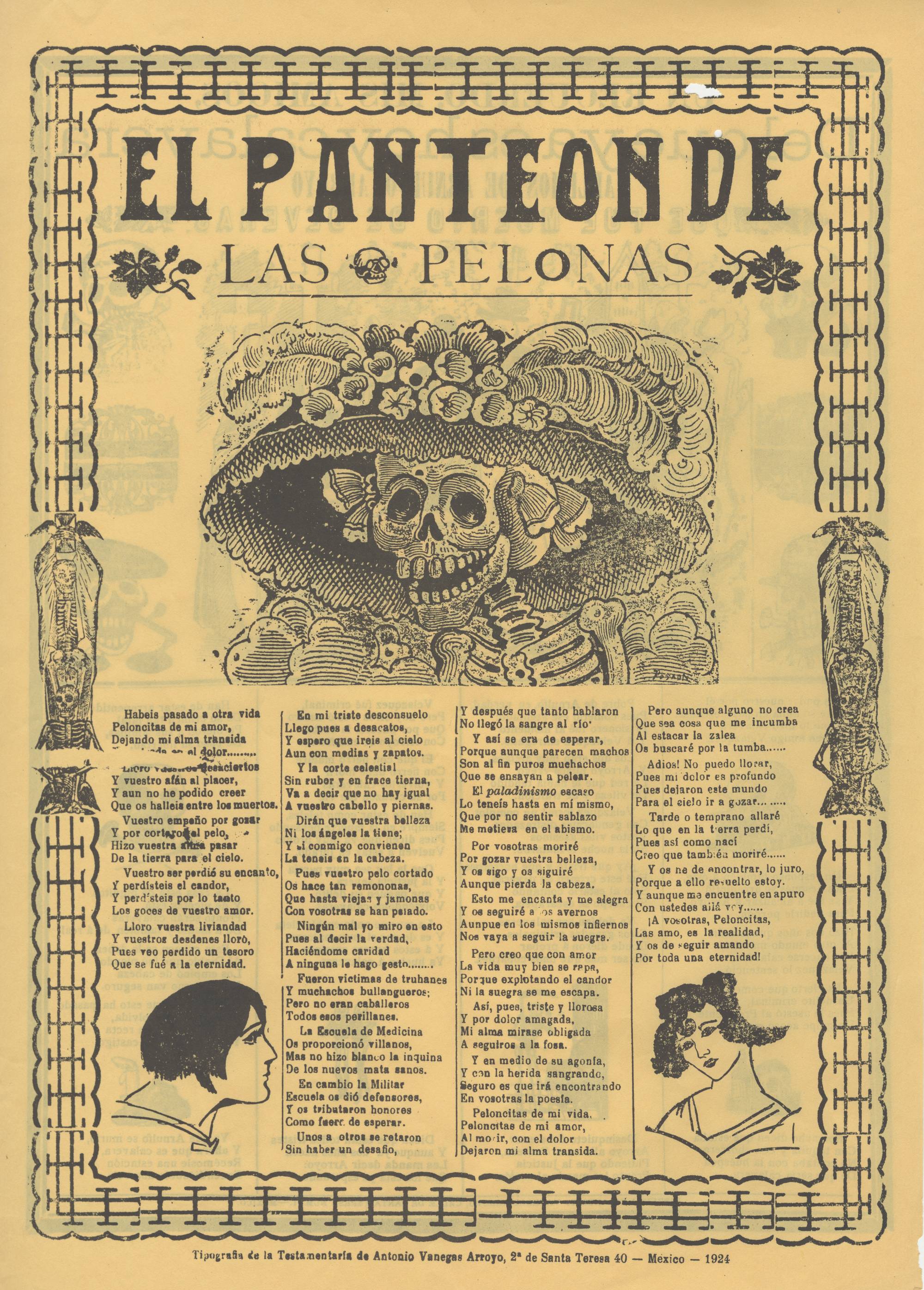 newsprint reproduction of female skeleton wearing a large hat